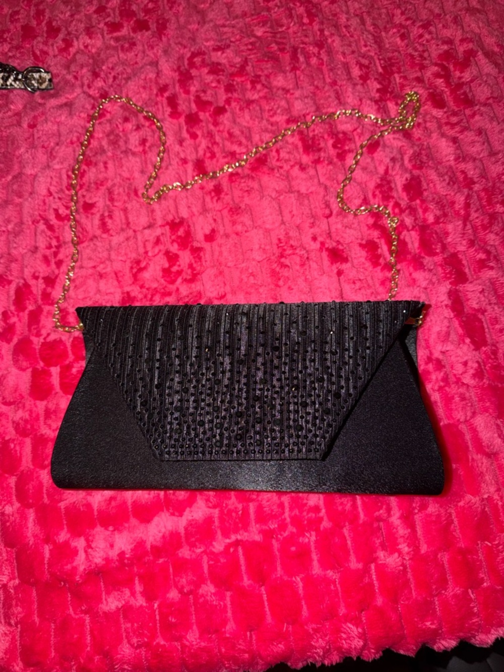 Black Embellished Evening Clutch with Gold Chain